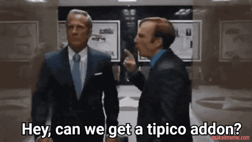 two men in suits are standing next to each other and one of them says hey can we get a tipico addin