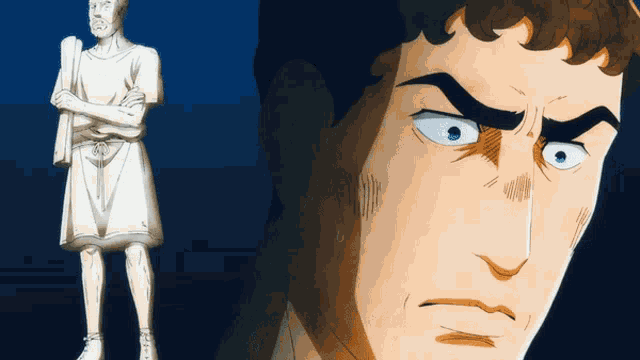 a statue of a man with his arms crossed stands next to a cartoon man