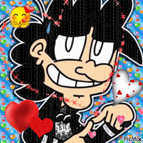 a cartoon character is surrounded by hearts and a smiley face ..
