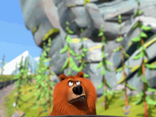 a cartoon bear is standing in front of a mountain and trees