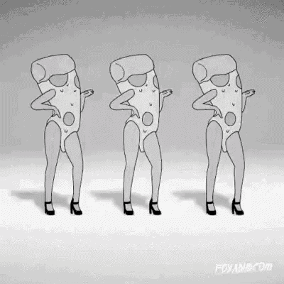 three pieces of pizza are dancing in a row .