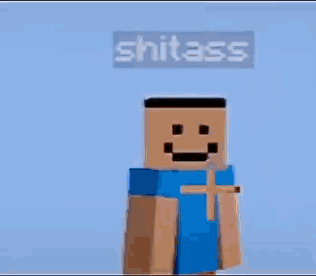a minecraft character with a smiley face and a cross on his arm .