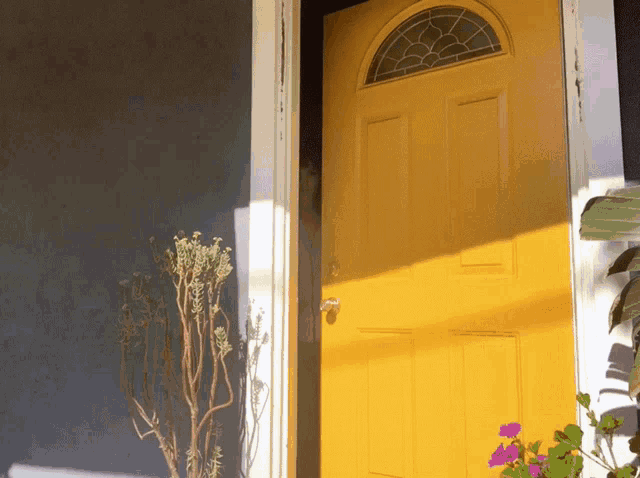 a yellow door with a stained glass window and a plant in front of it
