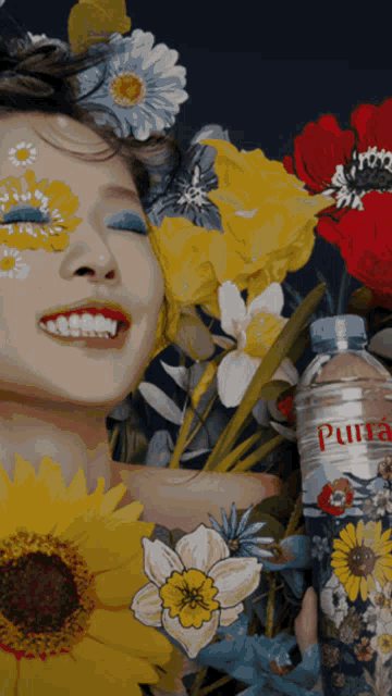a woman with flowers on her face and a bottle of pura water