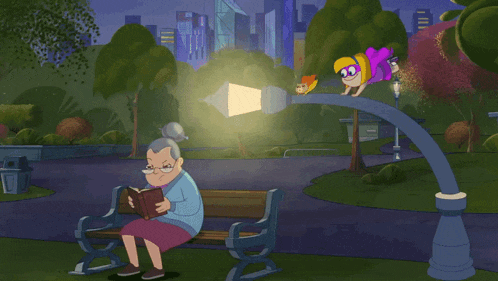 a cartoon of an elderly woman reading a book