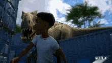 a boy is running from a dinosaur in a netflix advertisement