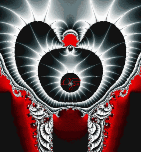 a black white and red fractal design with a red circle in the center