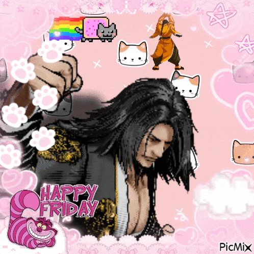 a man with long hair is surrounded by cats and hearts and says happy friday