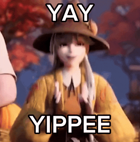 a picture of a girl with the words yay yippee written on it