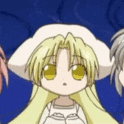 a girl with long blonde hair and yellow eyes is wearing a white hat and a white shirt .