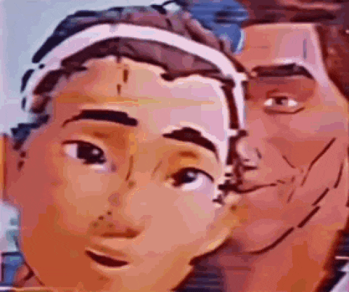 a couple of cartoon characters are standing next to each other and looking at each other .
