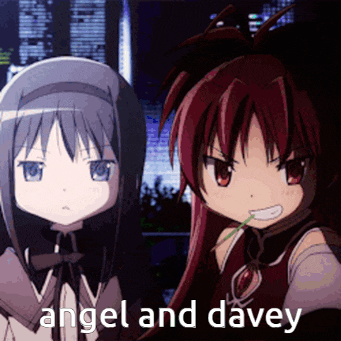 two anime girls are standing next to each other and the words angel and davey are on the bottom