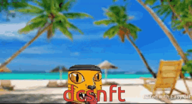 a cartoon of a cat on a beach with the words desnft in red