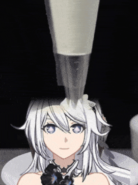 a girl with white hair and blue eyes is being decorated with white frosting