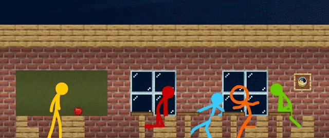 a brick wall with stick figures and a chalkboard
