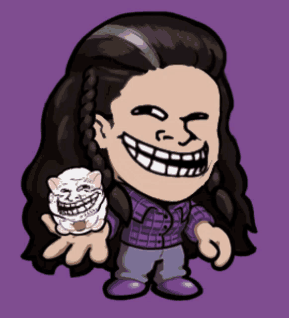a cartoon of a girl holding a troll face