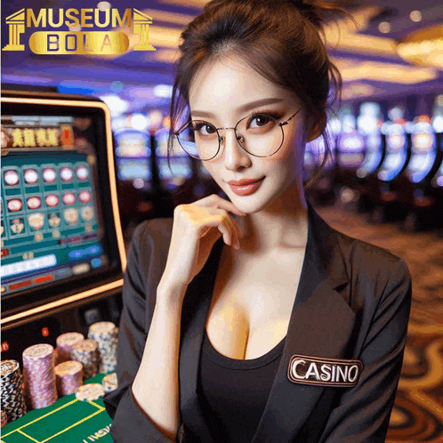 a woman standing in front of a slot machine with the word casino on her jacket