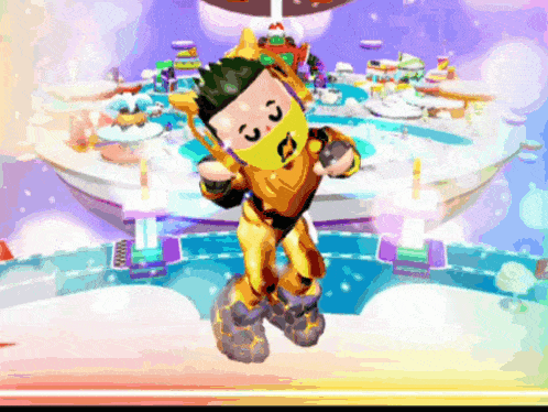 a cartoon character with a yellow mask on his face is dancing