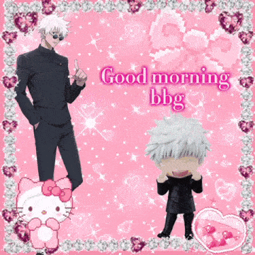 a pink background with a hello kitty and a good morning message