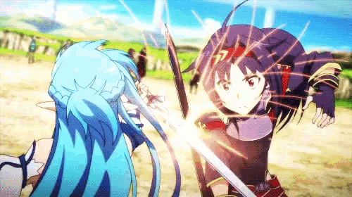 a girl with blue hair is fighting another girl with purple hair with a sword