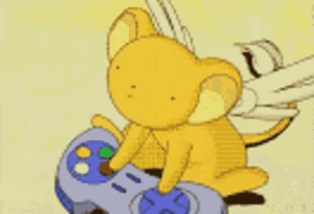 a cartoon cat with wings is playing a video game with a controller