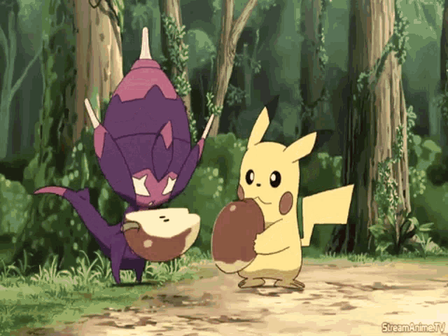 a cartoon of a pikachu and a purple monster with the words streamanime.tv below them