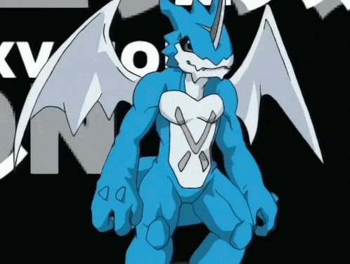 a blue and white cartoon character stands in front of a black background