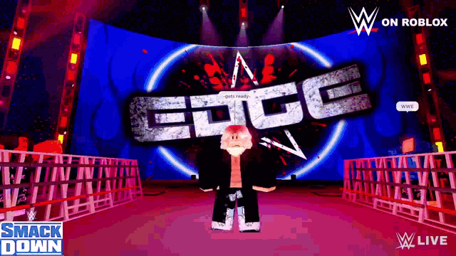 a smack down advertisement with a man standing in front of a large screen