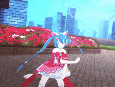 a blue haired anime girl in a pink dress