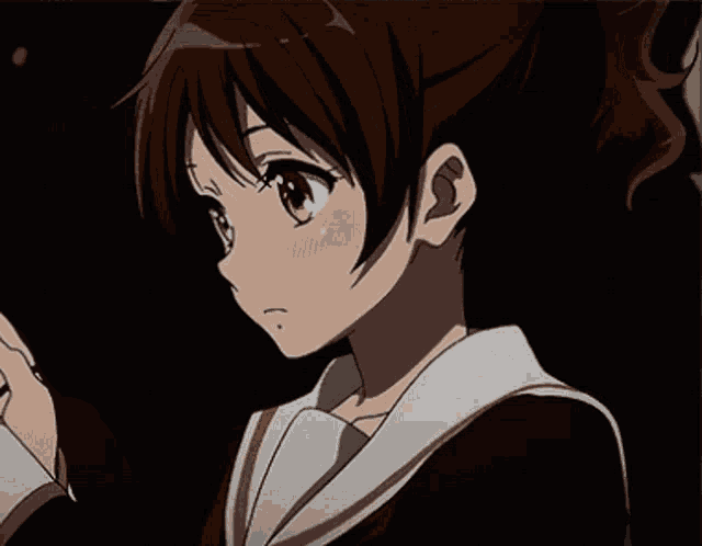 a close up of a brown haired anime girl with a ponytail