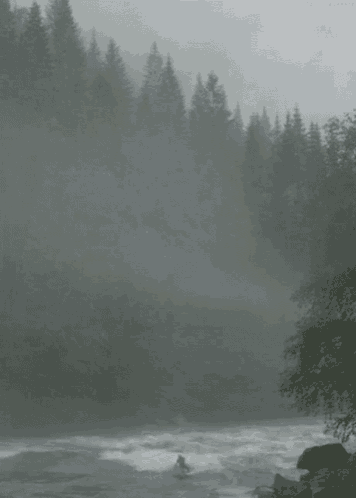 a person is riding a wave in a river in the fog