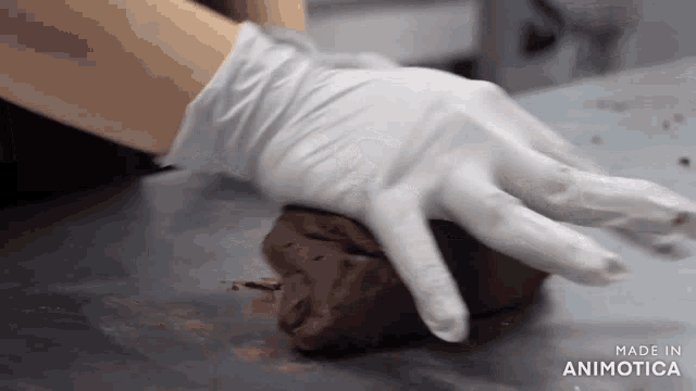 a person wearing white gloves is holding a piece of chocolate