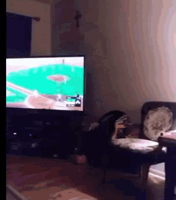 a living room with a large flat screen tv playing baseball