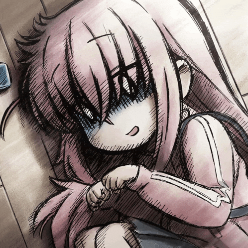 a drawing of a girl with pink hair and a sad look on her face