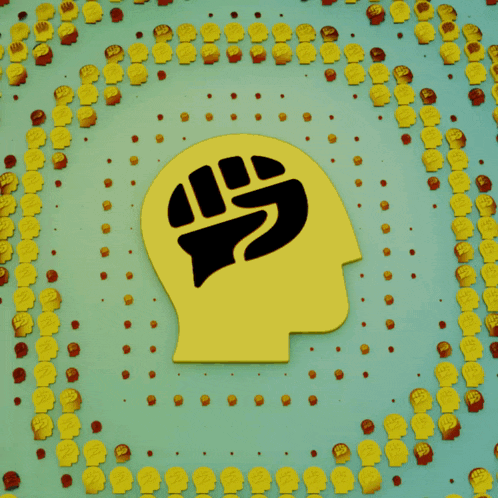 a yellow head with a fist in it is surrounded by many yellow heads