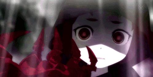 a close up of a girl with red eyes and a red hood