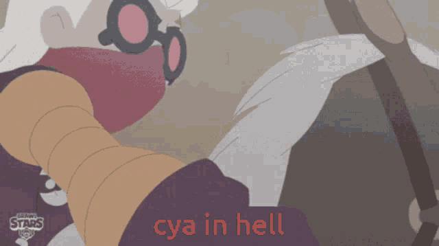a cartoon of a man wearing glasses and a scarf with the words " cya in hell " below him