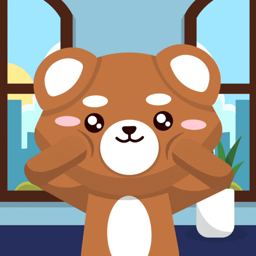 a teddy bear is standing in front of a window with his hands on his face