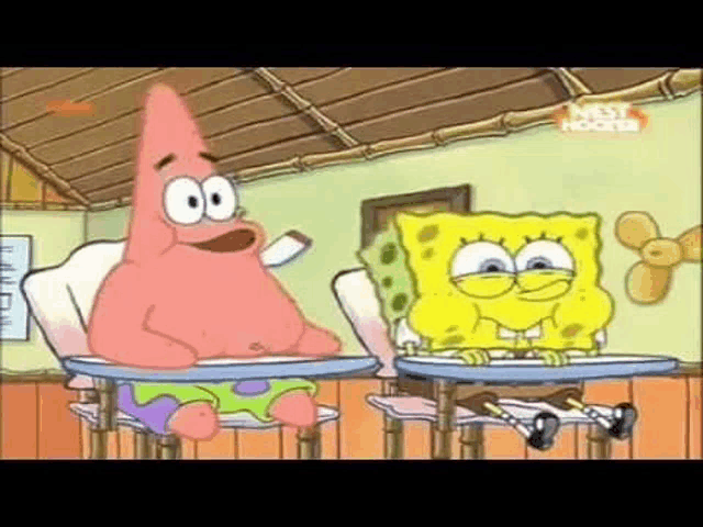 spongebob and patrick are sitting at desks in a classroom .