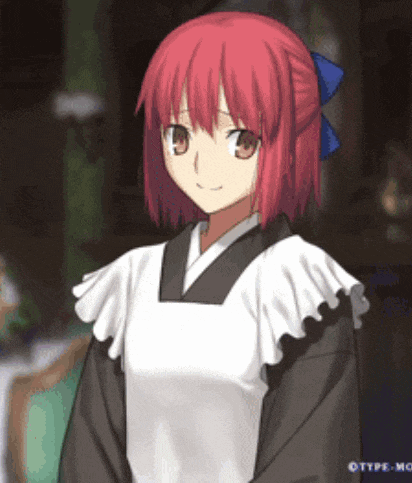 a girl with red hair wearing a white apron