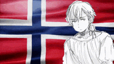 a drawing of a person standing in front of a flag