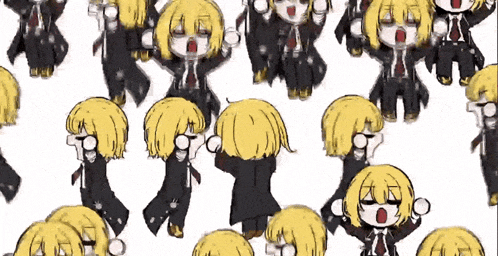 a bunch of anime characters with yellow hair are dancing