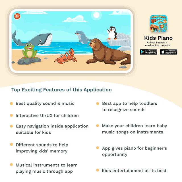 a screenshot of a kids piano app with a frog seal and dolphin