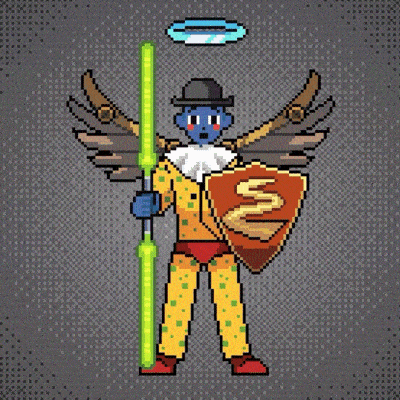 a pixel art of a man holding a sword and shield