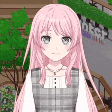 a girl with pink hair is standing in front of a sign that says ' oter '