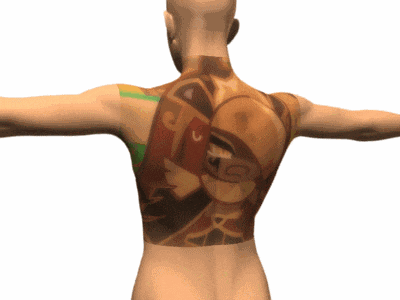 a man with a tattoo on his back that says ' a '