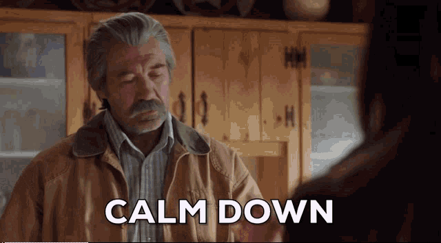 a man with gray hair and a mustache says calm down in a kitchen
