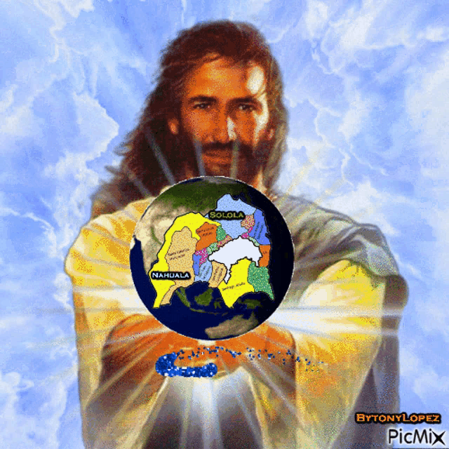 a painting of jesus holding a globe with a map of the world on it