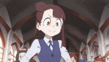 a girl in a blue vest and tie stands in front of a group of people