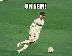 a soccer player is kicking a soccer ball on a field with a caption that says oh nein